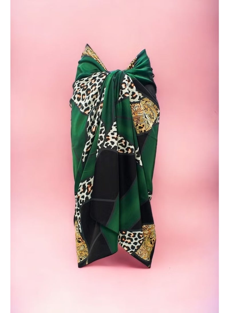 Pistore Green Leopard Patterned Long Pareo Satin Women's Beach Dress New Season - Image 3